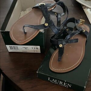 Ralph Lauren Black Leather T-Strap Sandals with Brown Footbed